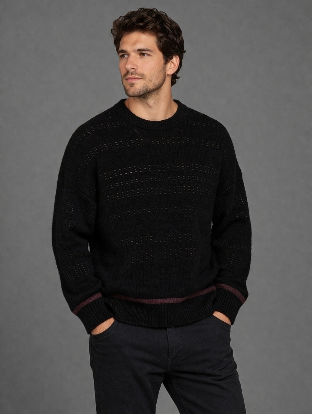 North 44 Italian Merino Wool Black Oversized Skater Ski Sweater Size XL